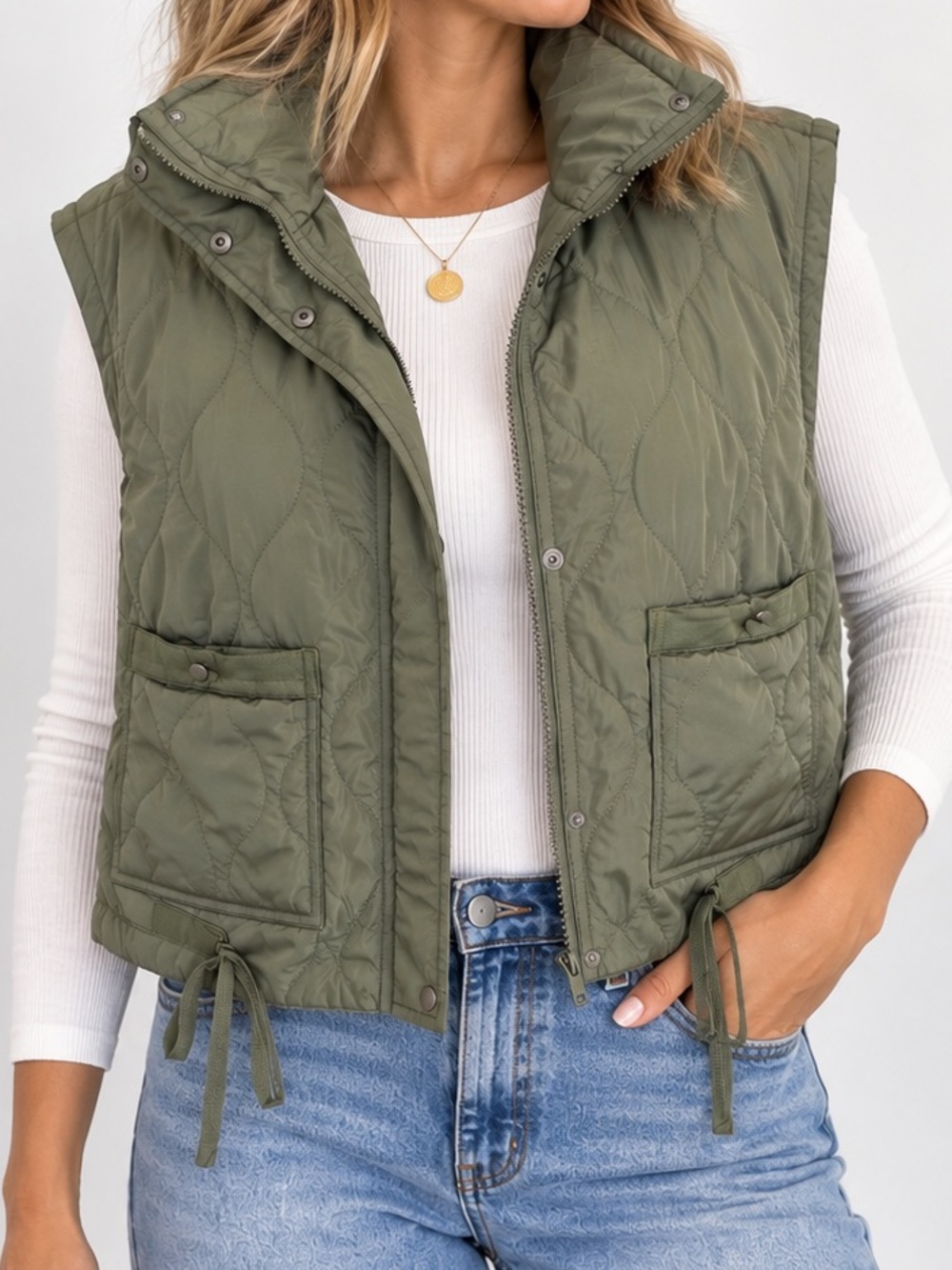 Thread + Supply Quilted Utility Puffer Vest Olive Green Size M NWOT